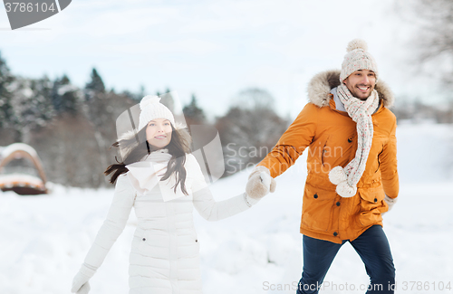 Image of happy couple walking over winter background