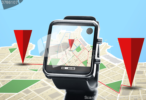 Image of close up of smartwatch with navigator map