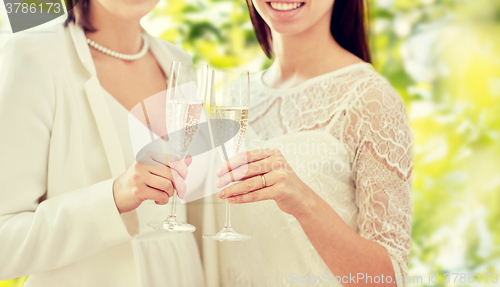 Image of close up of lesbian couple with champagne glasses