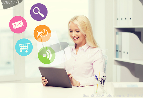 Image of smiling businesswoman or student with tablet pc