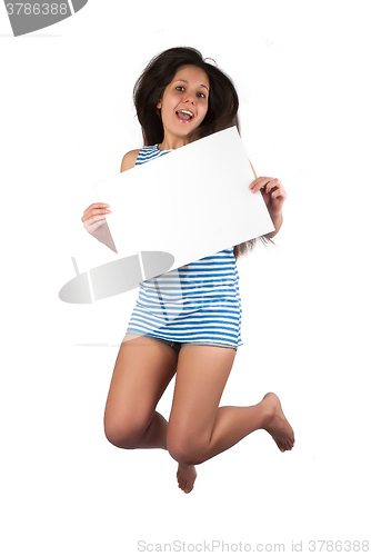 Image of Young adorable woman in stripped vest with banner