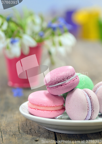 Image of still life with macaroons and spring flowers