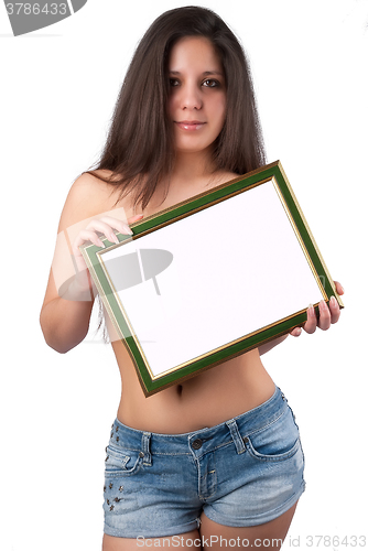 Image of Attractive sexy topless woman holding blank banner