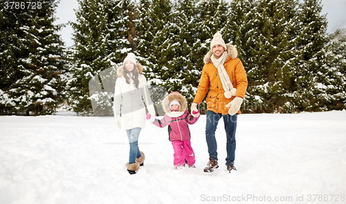 Image of happy family in winter clothes walking outdoors