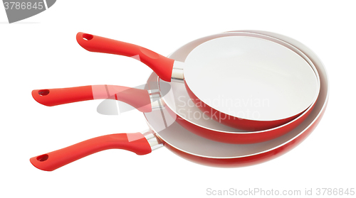 Image of Set of three frying pans, red