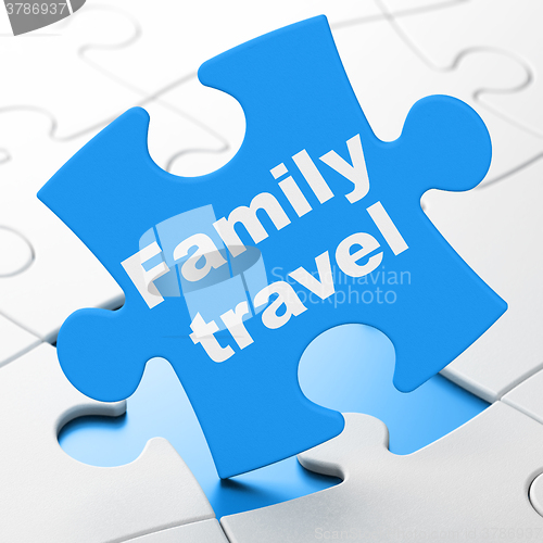 Image of Travel concept: Family Travel on puzzle background