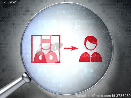 Image of Law concept: Criminal Freed with optical glass on digital background