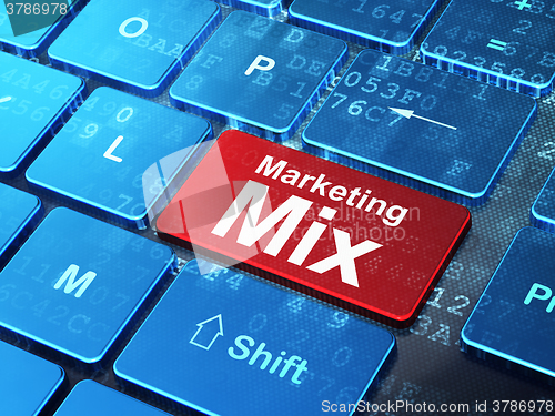 Image of Advertising concept: Marketing Mix on computer keyboard background