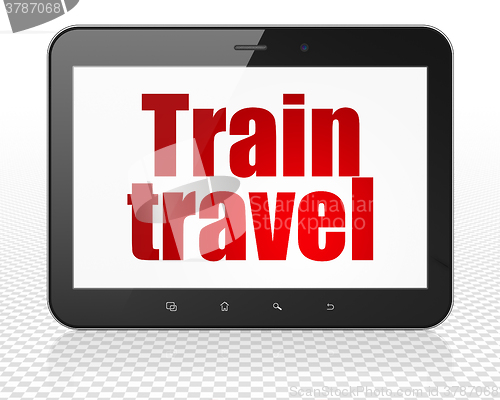 Image of Travel concept: Tablet Pc Computer with Train Travel on display