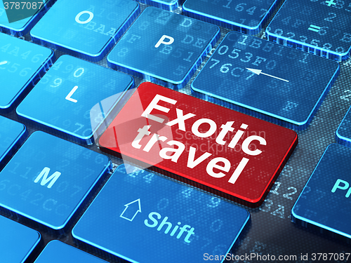 Image of Tourism concept: Exotic Travel on computer keyboard background