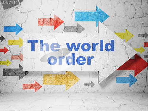 Image of Political concept: arrow with The World Order on grunge wall background