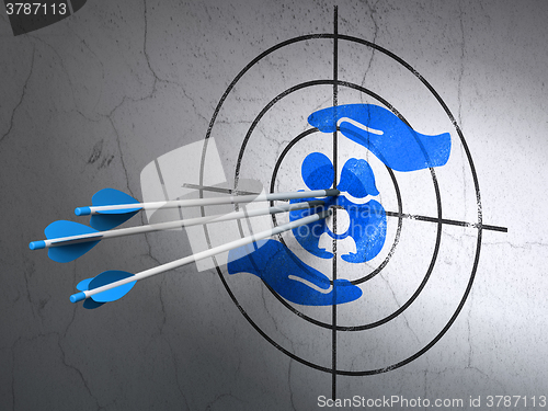 Image of Insurance concept: arrows in Family And Palm target on wall background