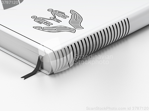 Image of Insurance concept: closed book, Family And Palm on white background