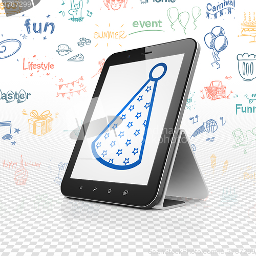 Image of Entertainment, concept: Tablet Computer with Party Hat on display