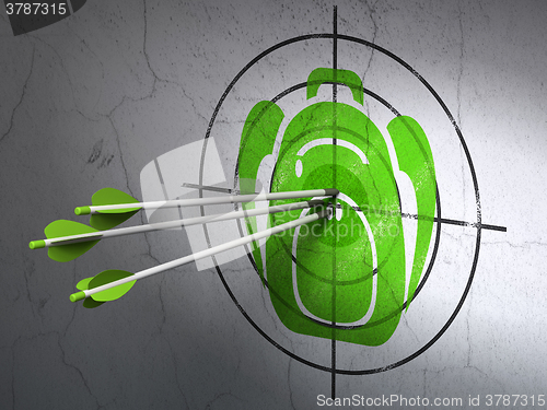 Image of Studying concept: arrows in Backpack target on wall background