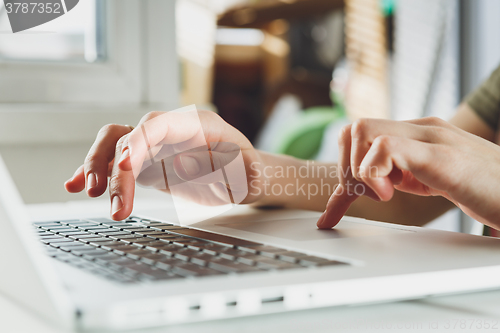 Image of woman\'s hands working on laptop computer