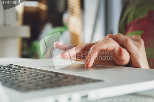 Image of woman\'s hands working on laptop computer