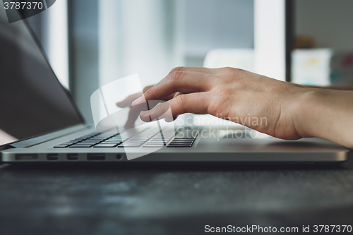 Image of woman\'s hands working on laptop computer