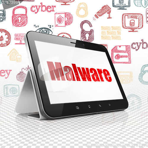 Image of Privacy concept: Tablet Computer with Malware on display