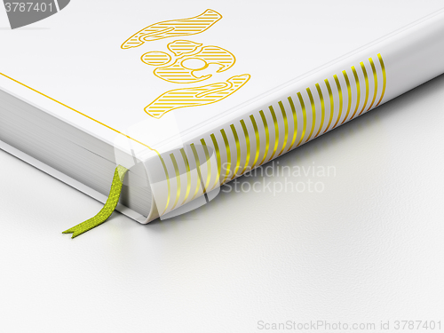 Image of Insurance concept: closed book, Family And Palm on white background