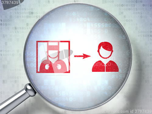 Image of Law concept: Criminal Freed with optical glass on digital background
