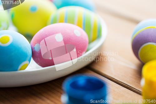 Image of close up of colored easter eggs on plate