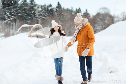 Image of happy couple walking over winter background