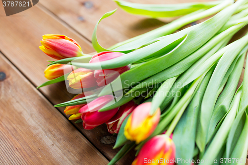 Image of close up of tulip flowers on wooden table