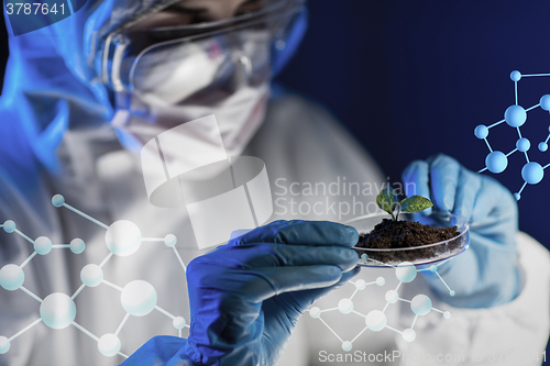 Image of close up of scientist with plant and soil in lab