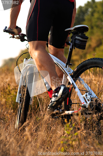 Image of cyclist riding mountain bike on rocky trail