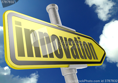 Image of Yellow road sign with innovation word under blue sky