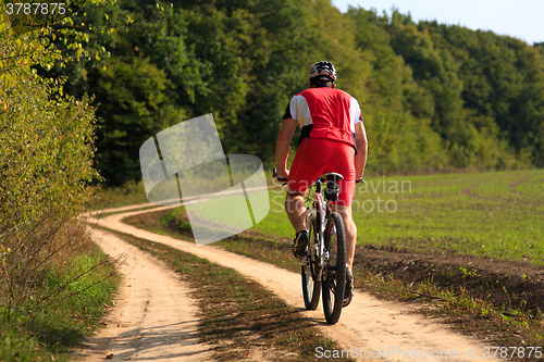 Image of Man is cycling in autumn forest