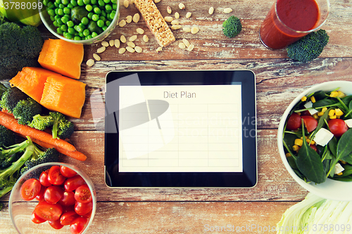 Image of close up of diet plan on tablet pc and vegetables