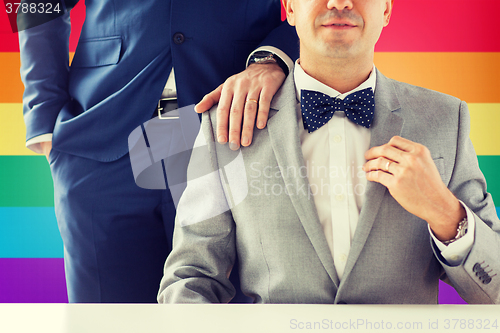 Image of close up of male gay couple with wedding rings on