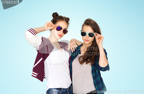 Image of happy smiling pretty teenage girls in sunglasses