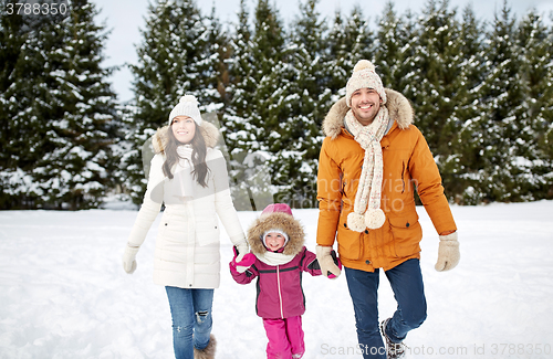 Image of happy family in winter clothes walking outdoors