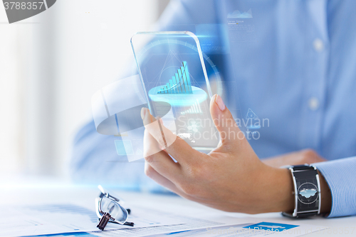 Image of close up of woman with transparent smartphone