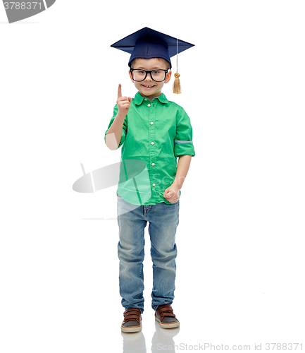 Image of happy boy in bachelor hat and eyeglasses