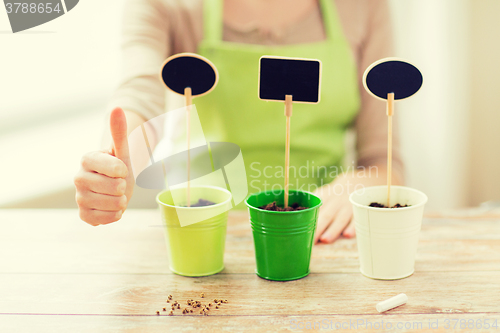 Image of close up of woman over pots with soil and signs