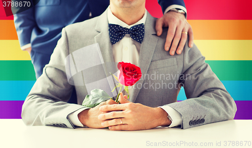 Image of close up of male gay couple with wedding rings on