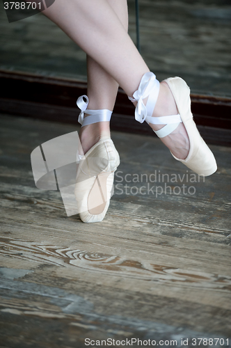 Image of Dancing feet in ballet shoes on wooden floor