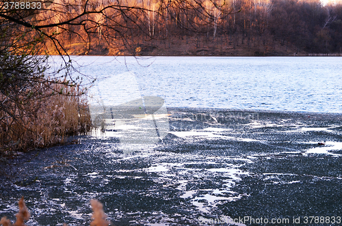 Image of Nature background with spring landscape and melting ice at the l