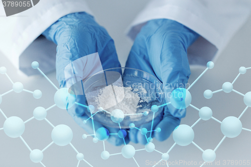 Image of close up of scientist holding petri dish in lab