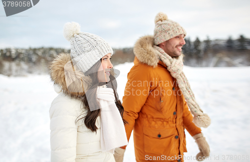 Image of happy couple walking over winter background
