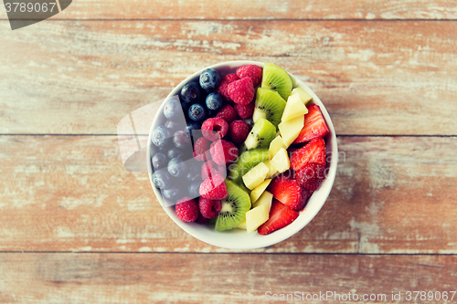 Image of close up of fruits and berries in bowl on table