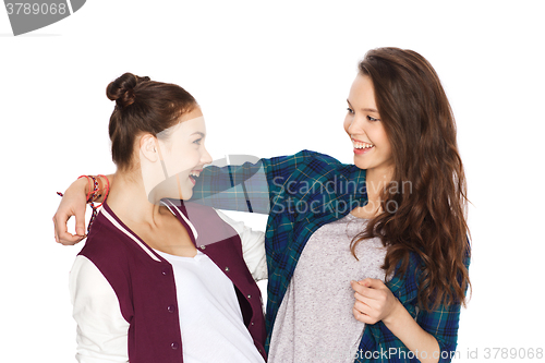 Image of happy smiling pretty teenage girls hugging