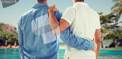 Image of close up of happy male gay couple hugging