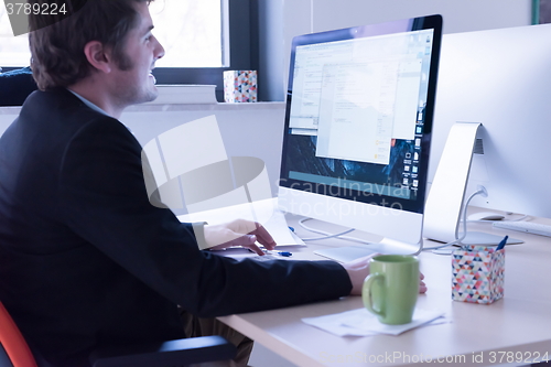 Image of startup business, software developer working on computer