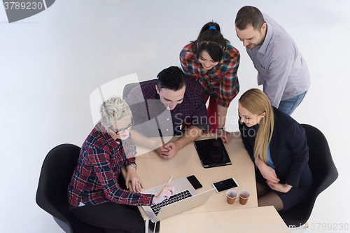 Image of aerial view of business people group on meeting