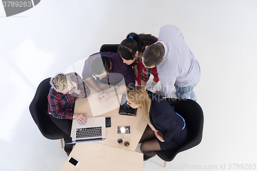 Image of aerial view of business people group on meeting